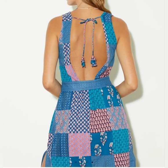 BOTEH Cedella Low-Back 100% Cotton Midi Dress, Patchwork Aquamarine Motif, Sz 4 - Picture 8 of 16